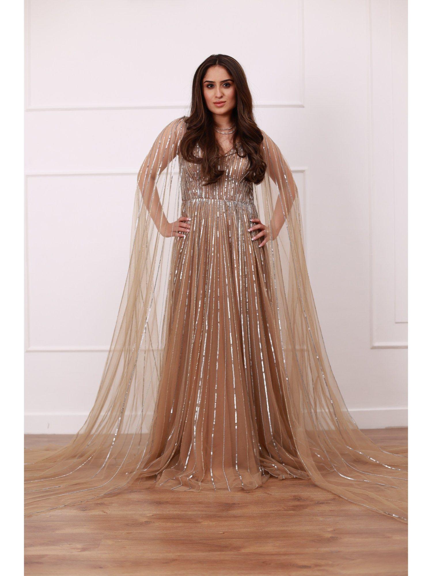 beige beads and stone sequined gown