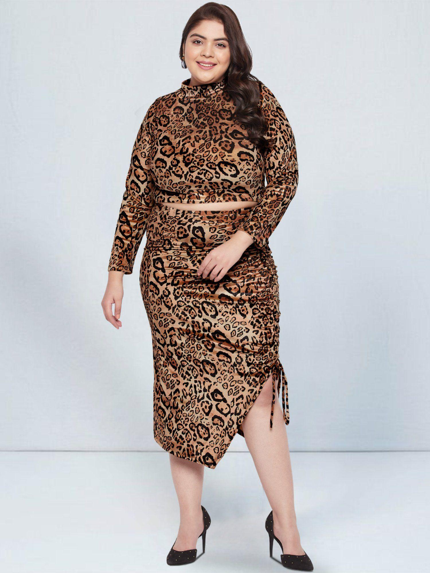 beige black plus size animal print 2 pc curve dress set