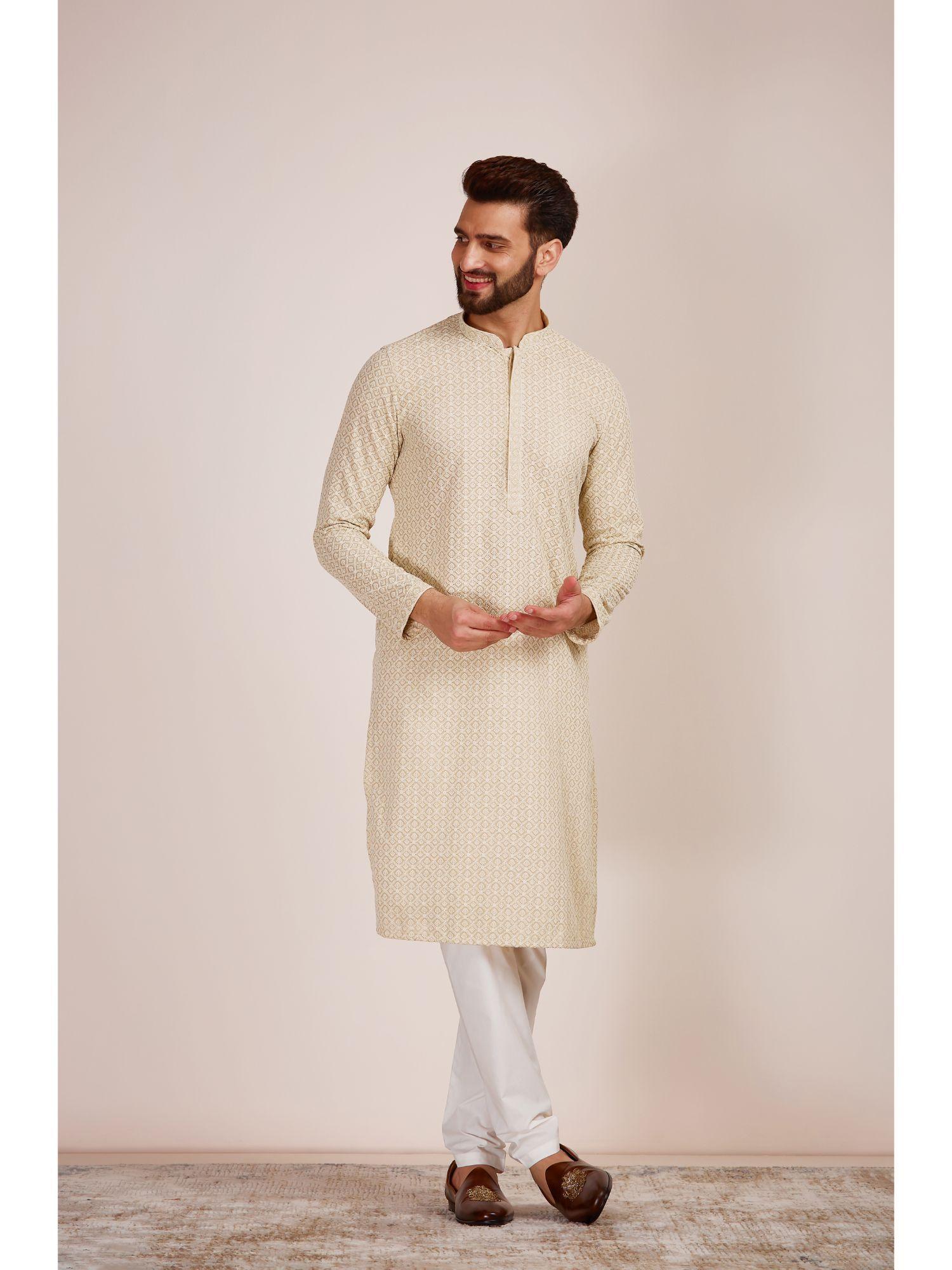 beige blended cotton embroidery kurta (set of 2)