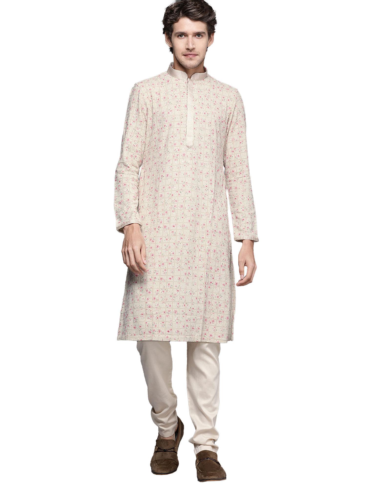 beige blended cotton printed kurta pencil pyjama set (set of 2)