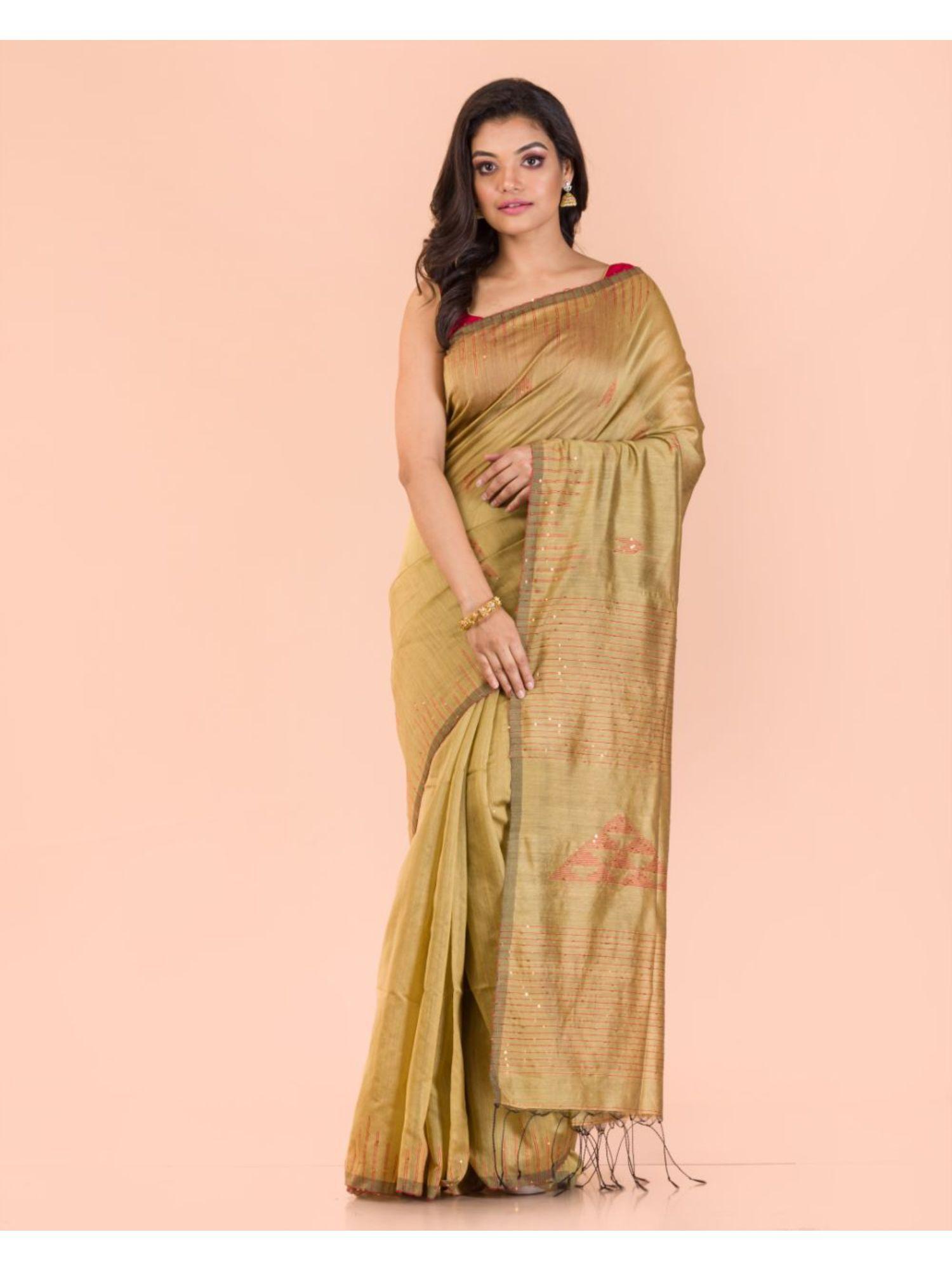 beige blended cotton sequins saree with unstitched blouse