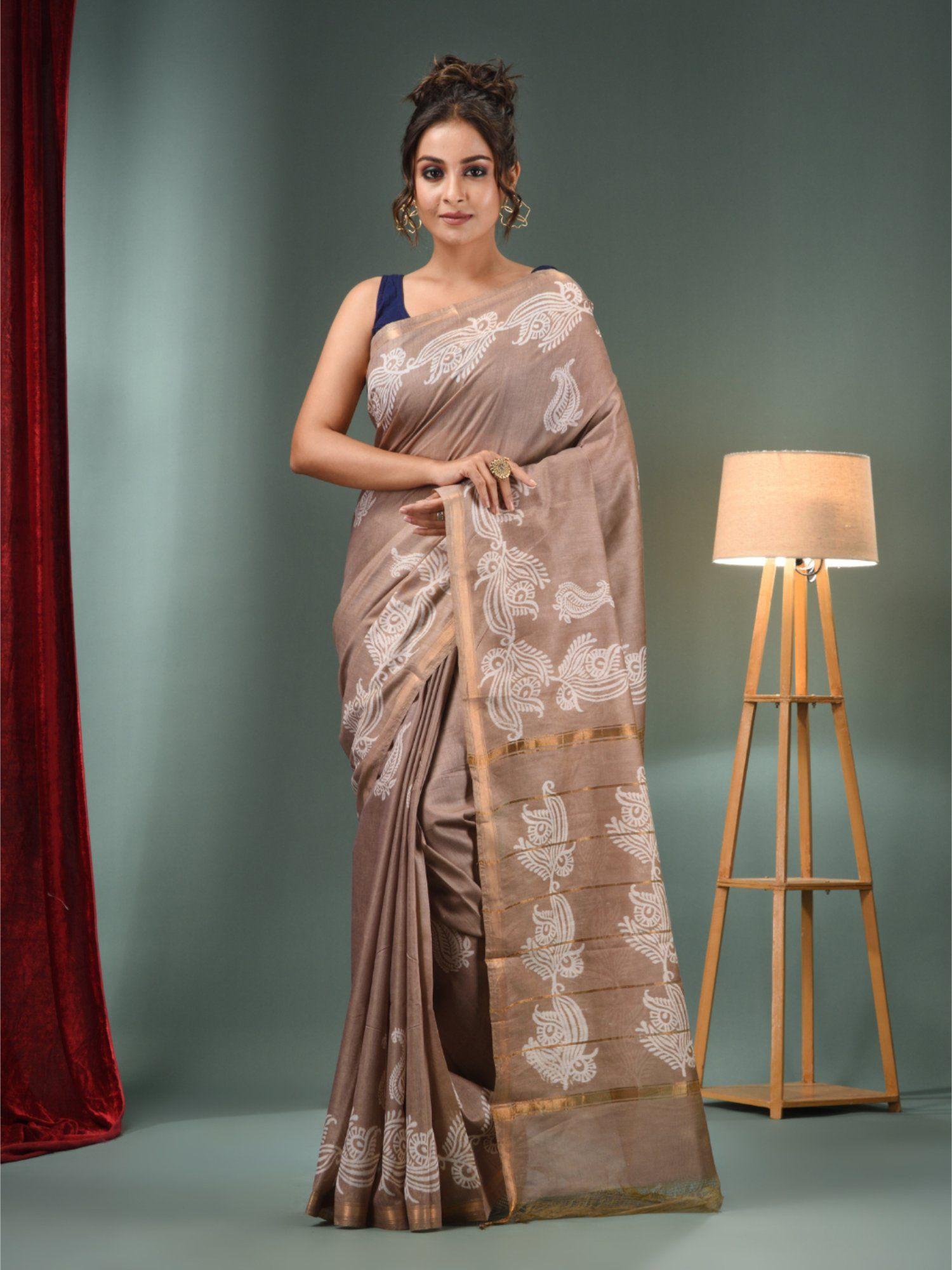 beige blended silk handwoven saree with paisley border & unstitched blouse