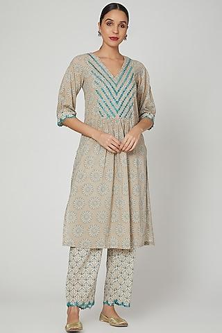 beige block printed & embroidered kurta with pants