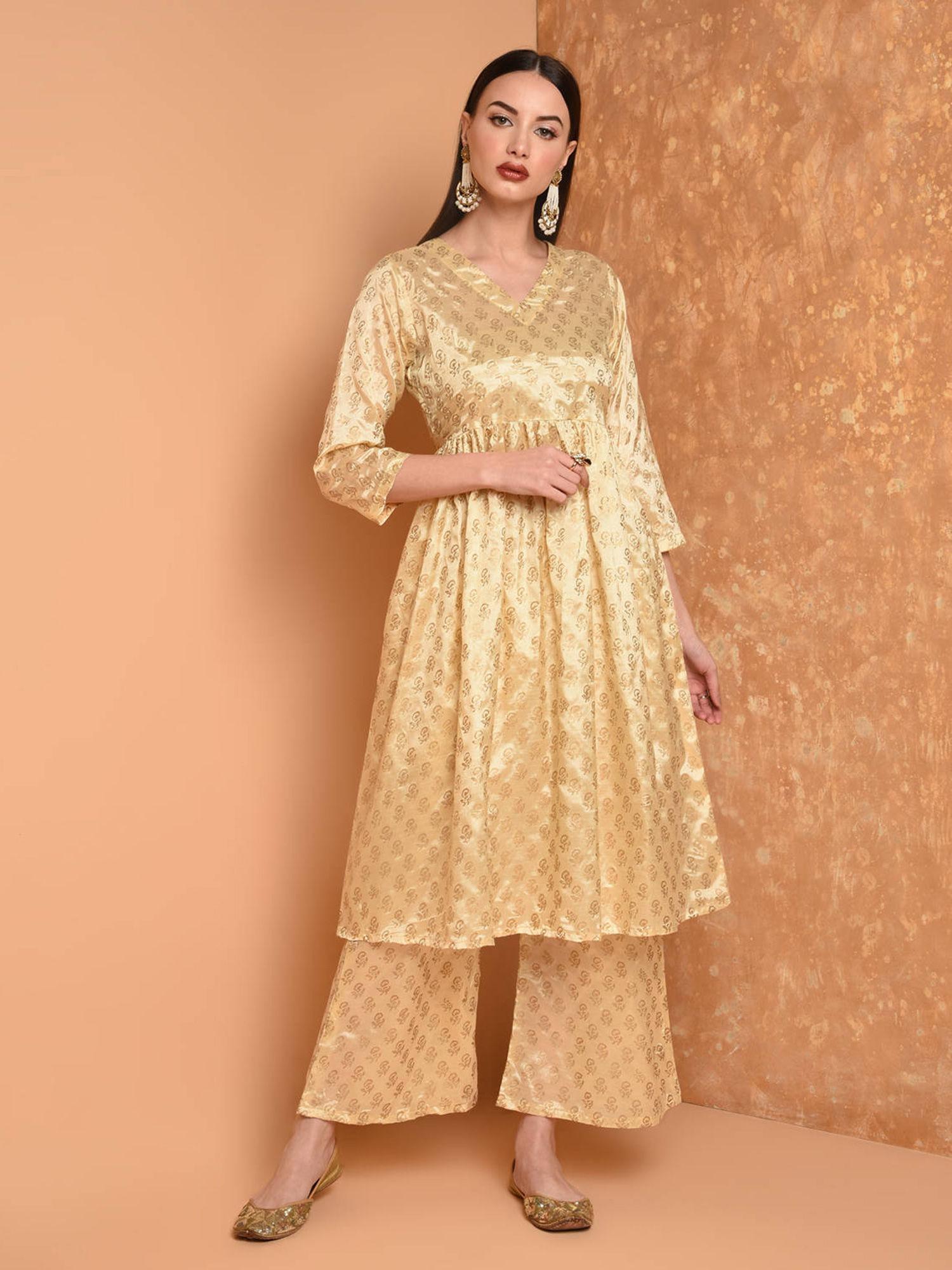 beige block printed kurta and palazzo (set of 2)