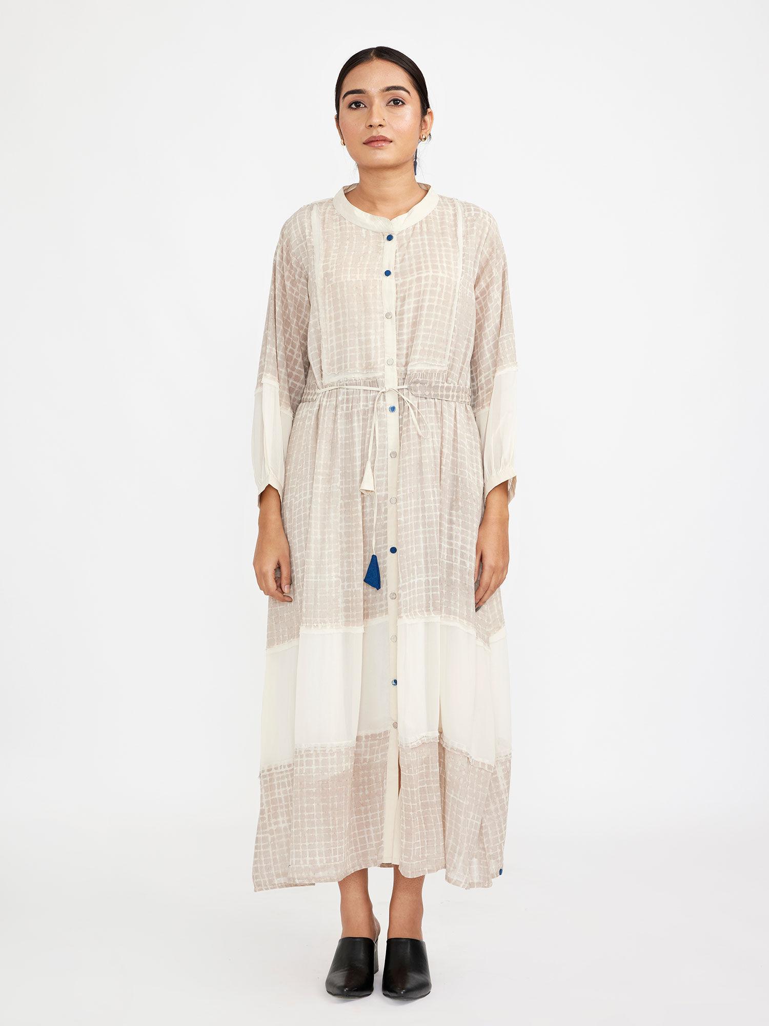 beige block printed shirt dress (set of 2)