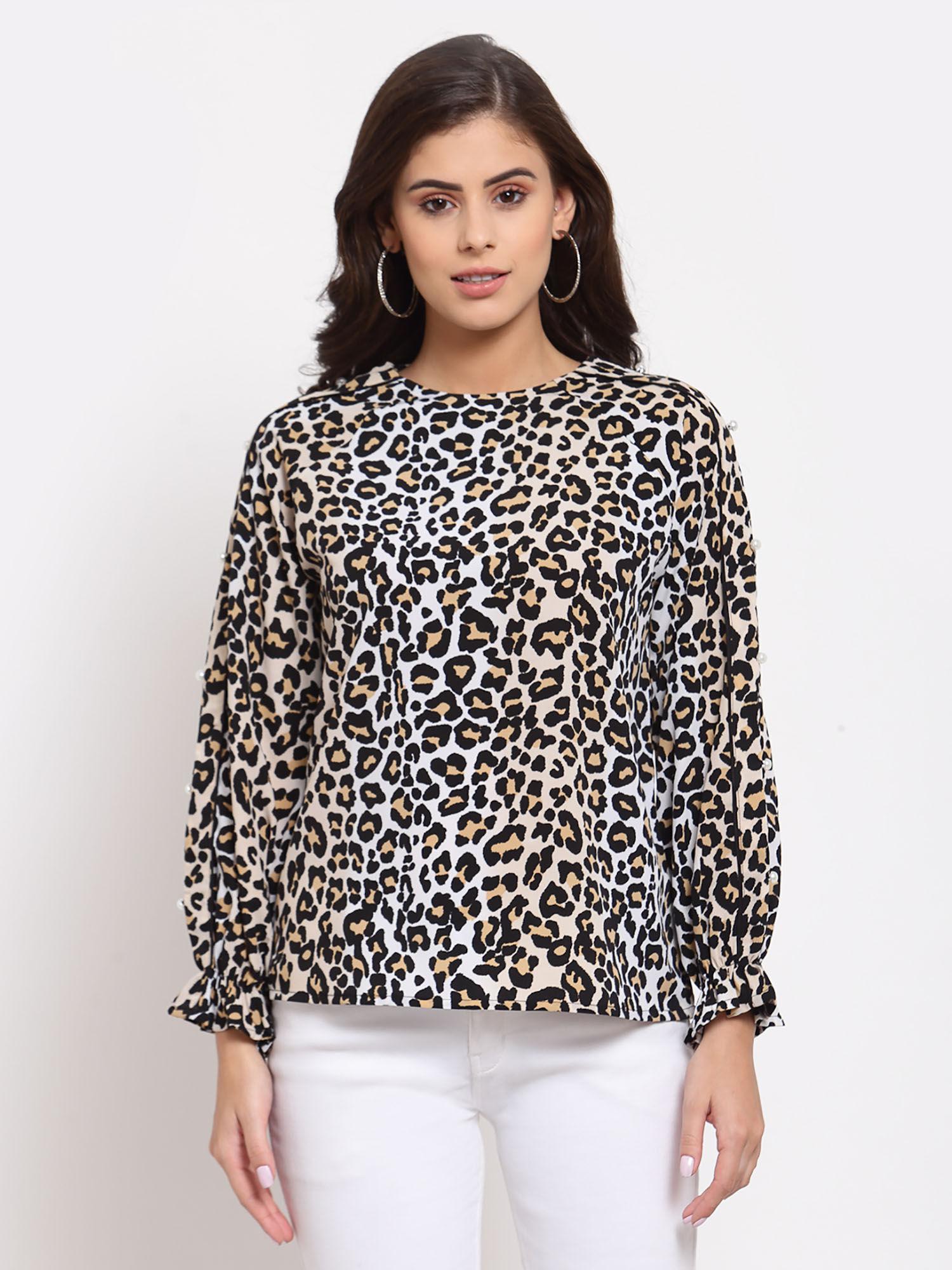 beige brown animal crepe regular top