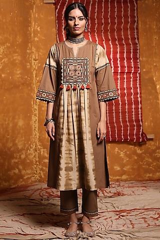 beige-brown cotton embroidered & tie-dyed kurta set