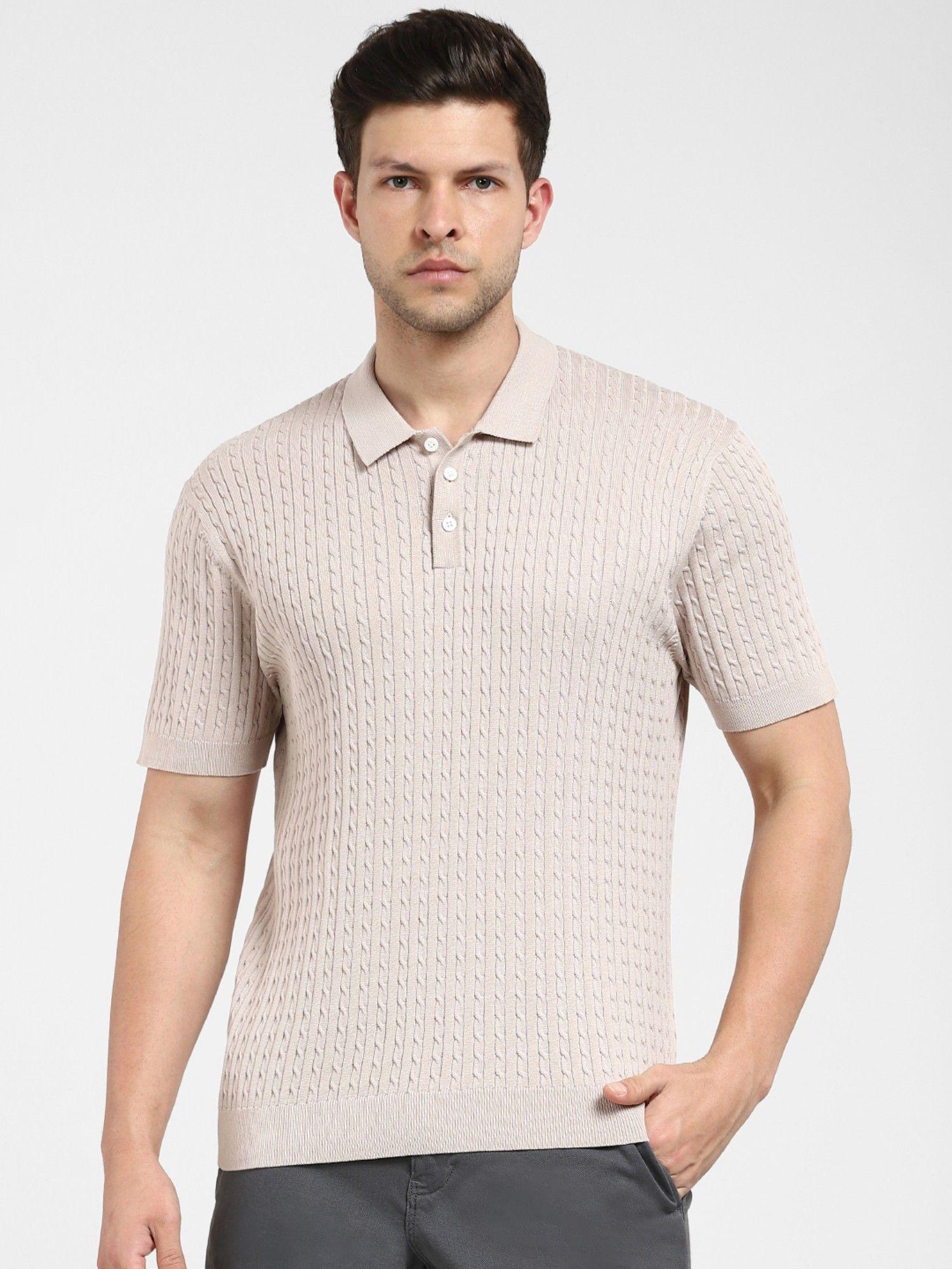 beige cable knit polo t-shirt