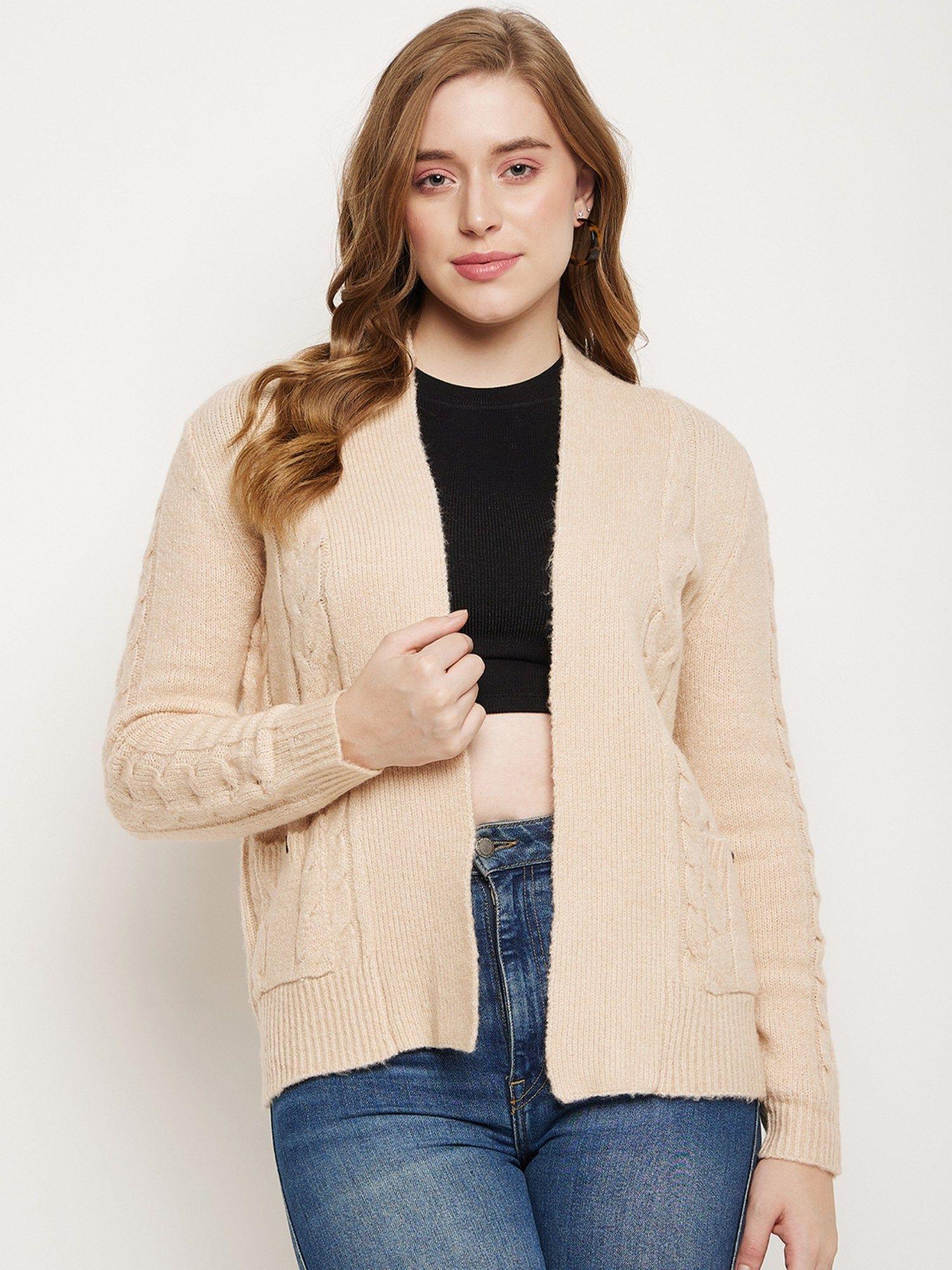 beige cable knit shrug for women