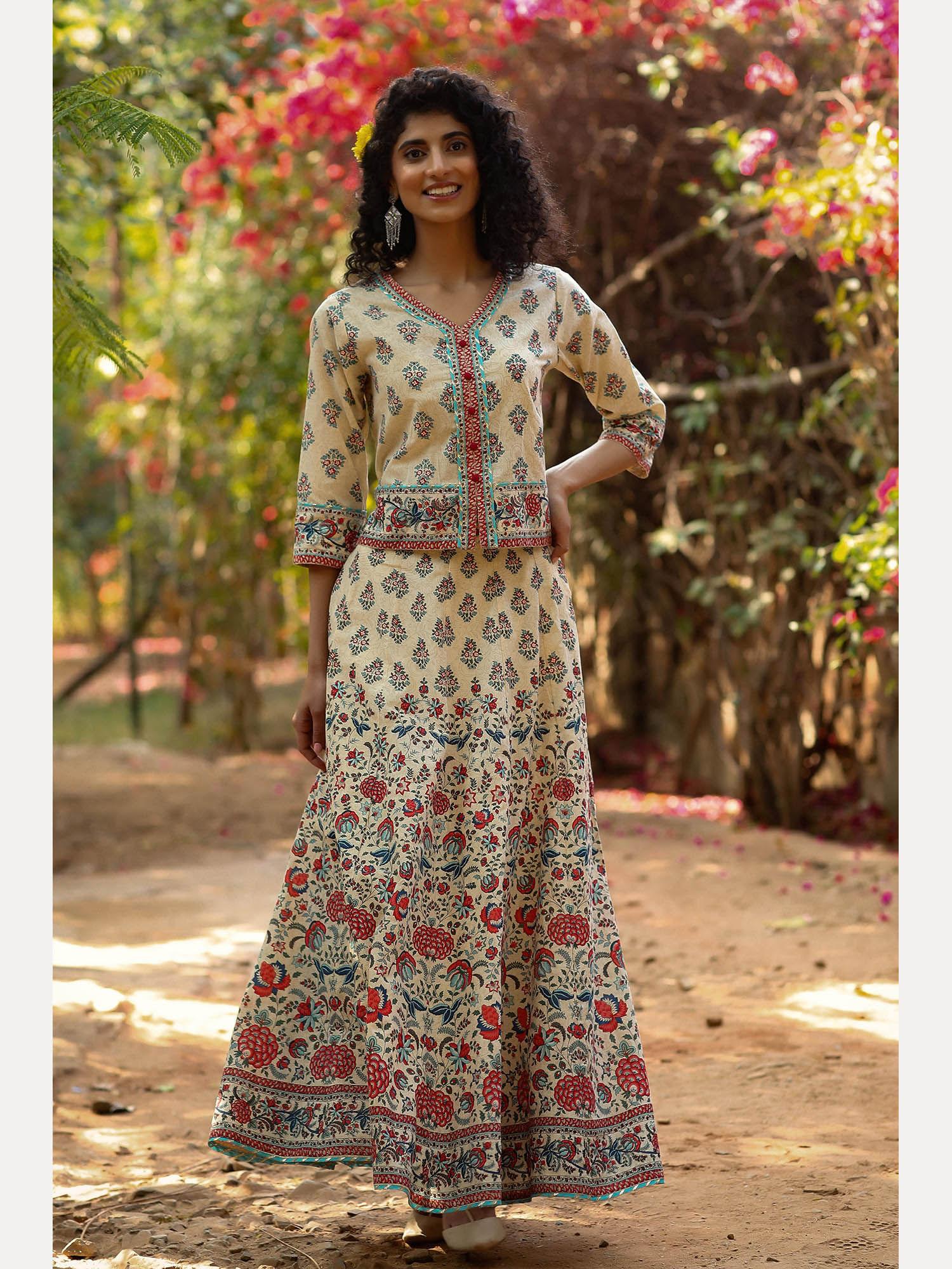 beige cambric floral print top and skirt with hairband (set of 3)