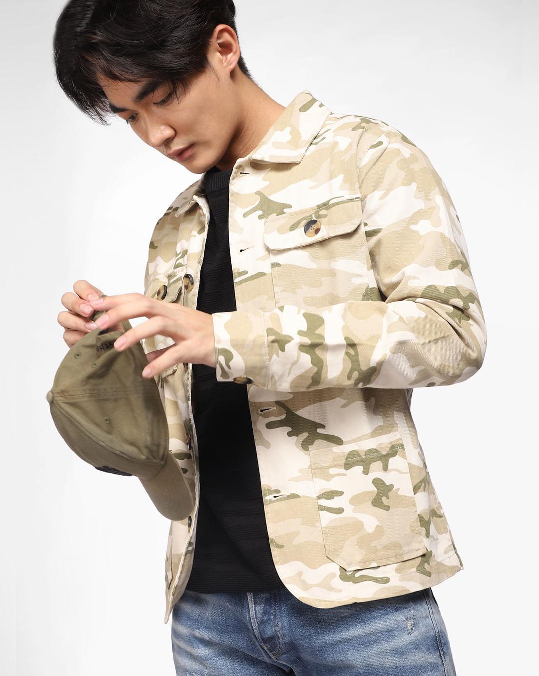 beige camo print denim jacket