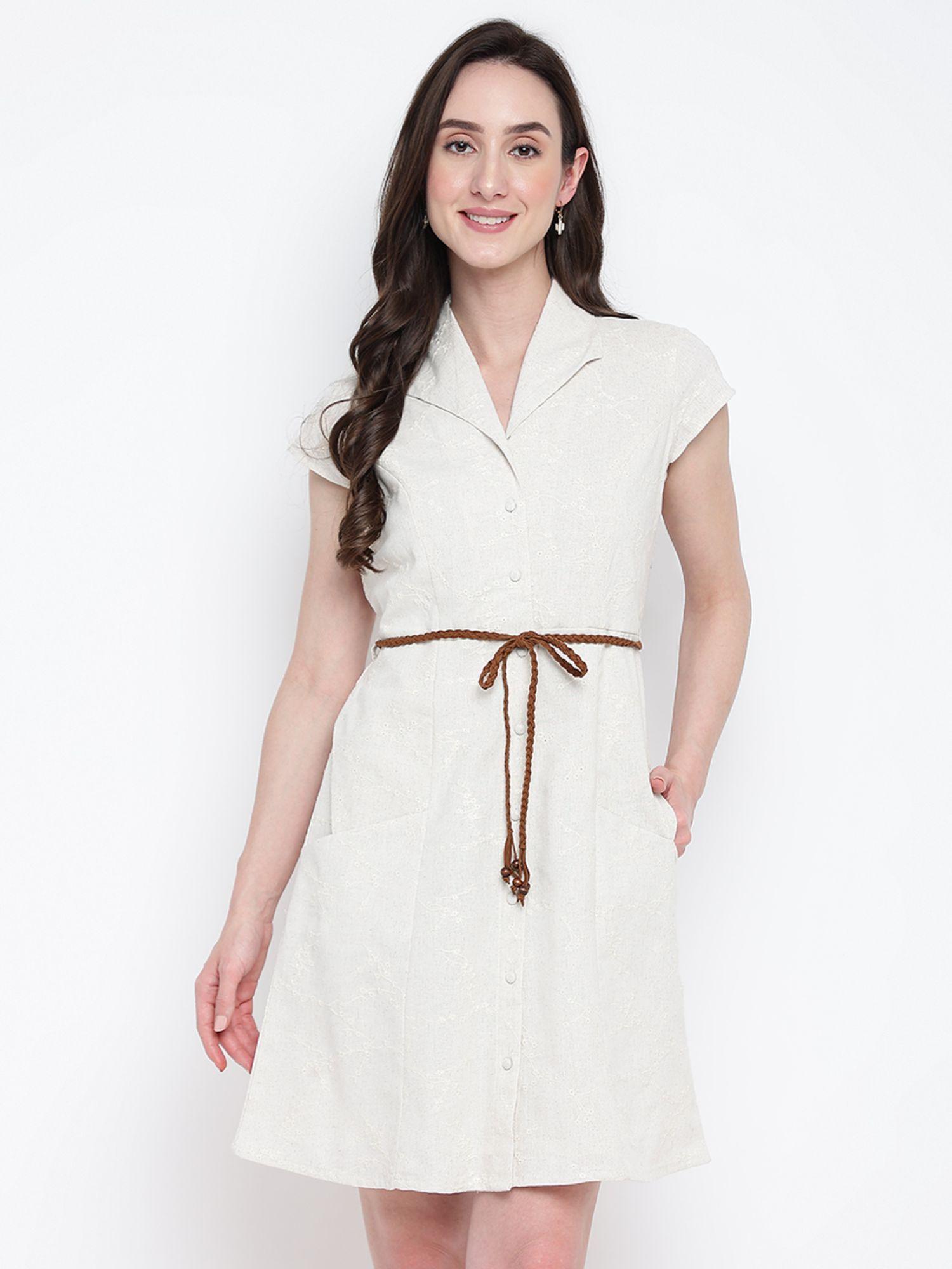 beige cape sleeves solid linen dress