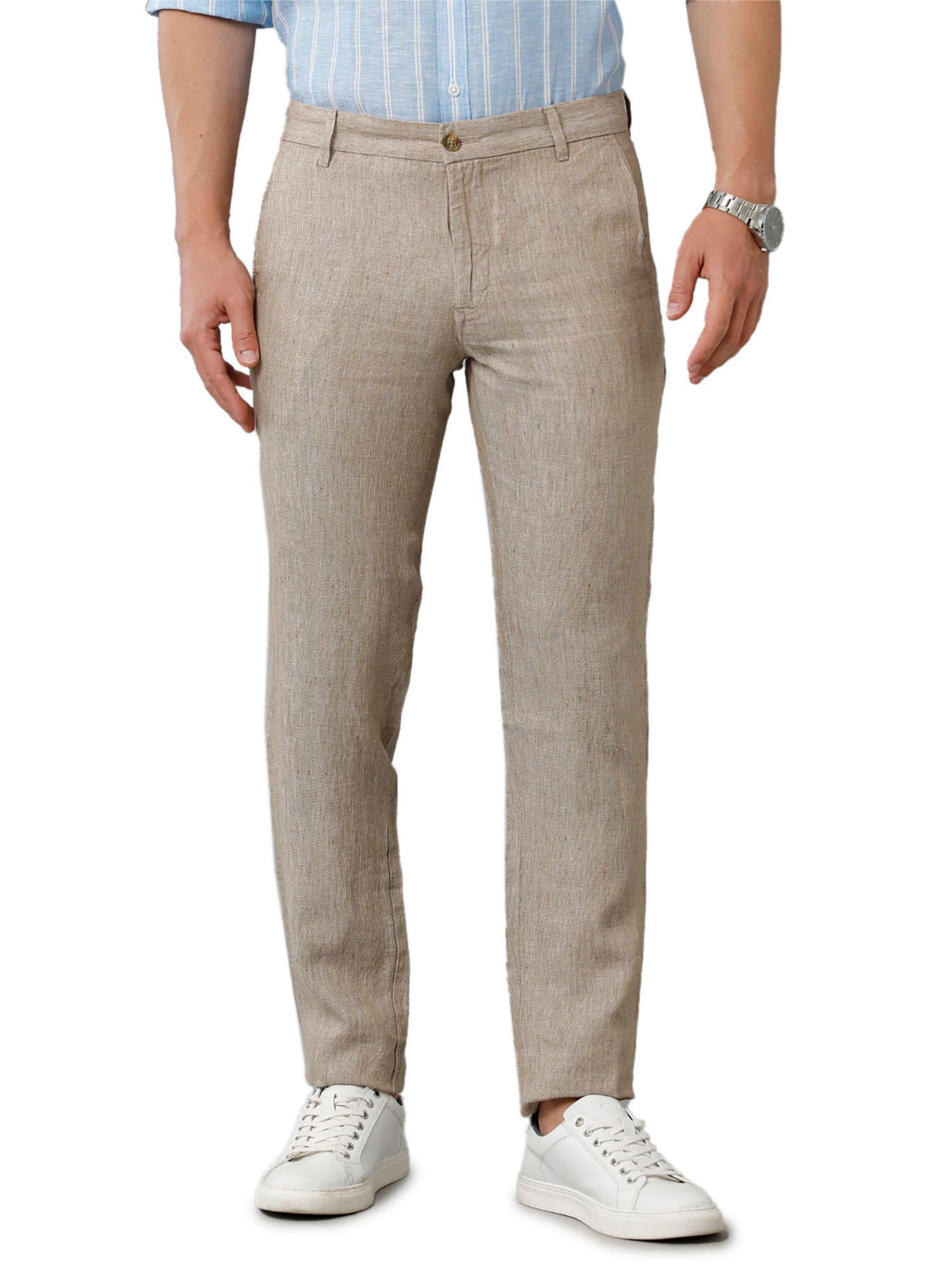 beige casual mid rise active waist trouser for men