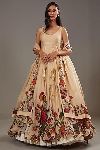 beige chanderi & organza digital printed anarkali set