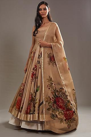 beige chanderi & organza digital printed anarkali set