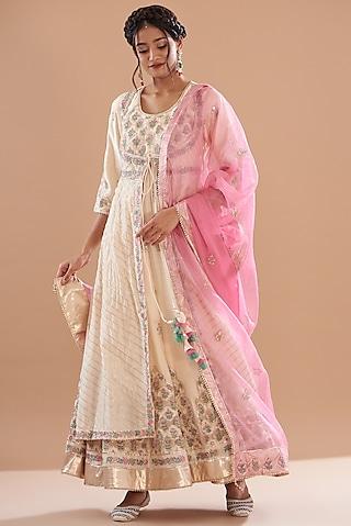 beige chanderi embroidered anarkali set