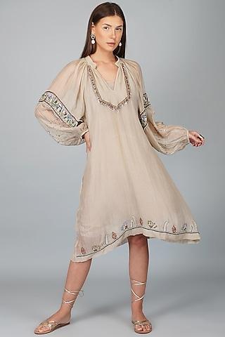 beige chanderi embroidered dress