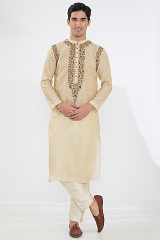 beige chanderi embroidered kurta set