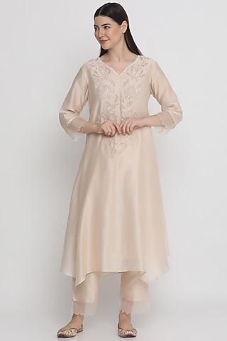 beige chanderi embroidered kurta set