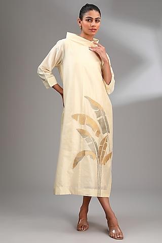 beige chanderi embroidered midi a-line dress