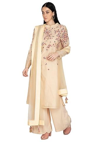 beige chanderi floral embroidered tunic set