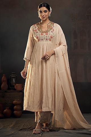 beige chanderi floral hand embroidered kurta set