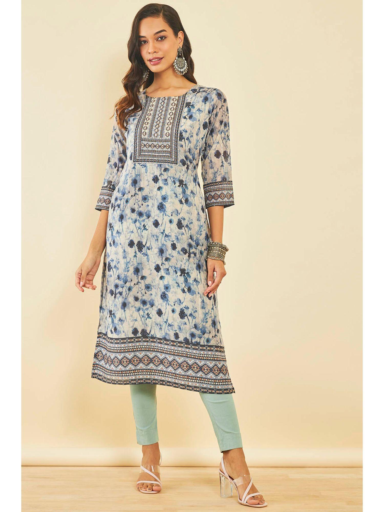 beige chanderi floral print kurta