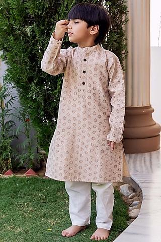beige chanderi hand block printed kurta set for boys