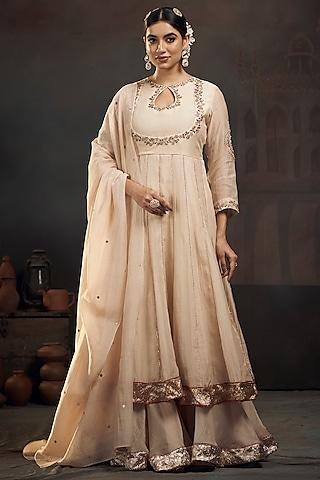 beige chanderi hand embroidered kalidar kurta set