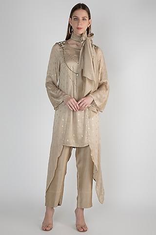 beige chanderi pearl embroidered tunic set with inner slip