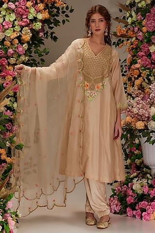 beige chanderi resham embroidered kurta set