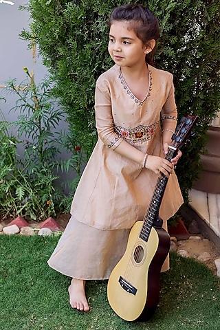 beige chanderi resham hand embroidered layered dress for girls