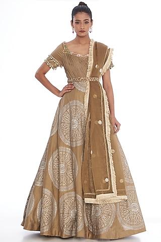 beige chanderi silk embroidered gown with dupatta