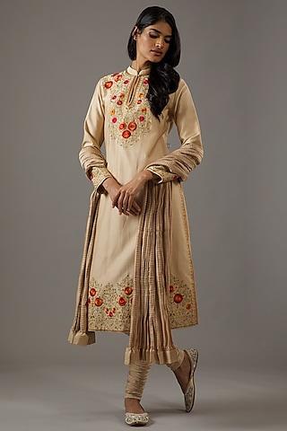 beige chanderi silk embroidered kurta set