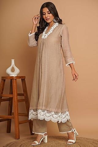 beige chanderi silk lace embroidered kurta set