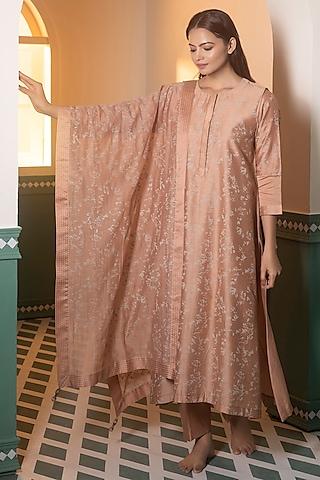 beige chanderi silk printed a-line kurta set