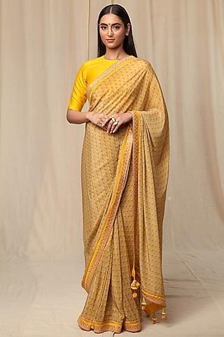 beige chanderi silk printed saree set