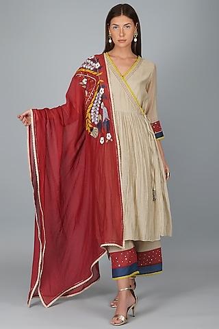 beige chanderi wrapped angrakha kurta set