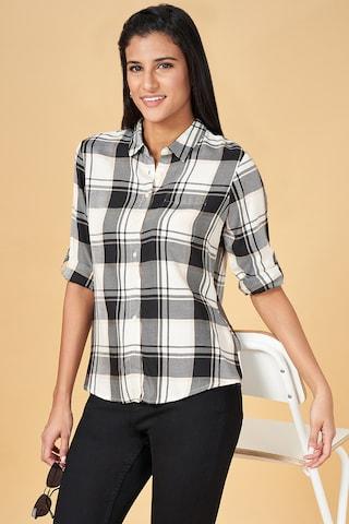 beige check casual full sleeves regular collar women regular fit  shirt