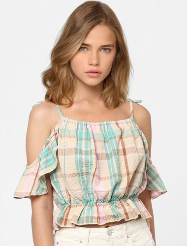 beige check cold shoulder top