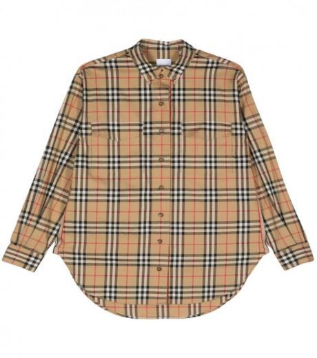 beige check motif cotton shirt