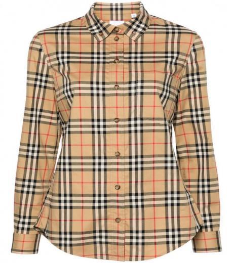 beige check motif cotton shirt