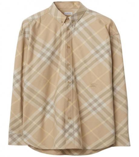 beige check motif cotton shirt