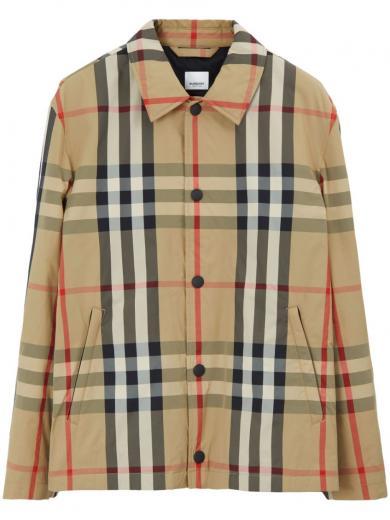 beige check motif shirt jacket