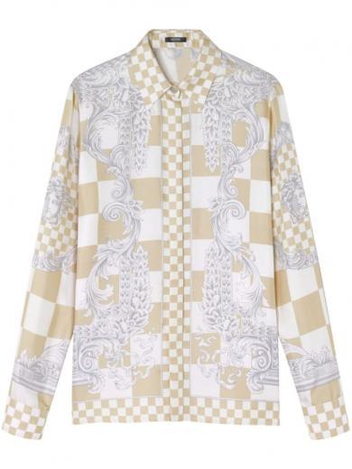 beige checkerboard print shirt
