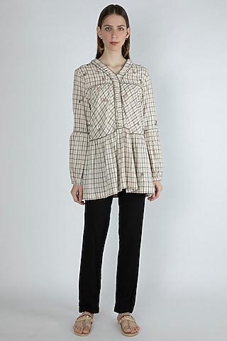 beige checkered & embroidered blouse