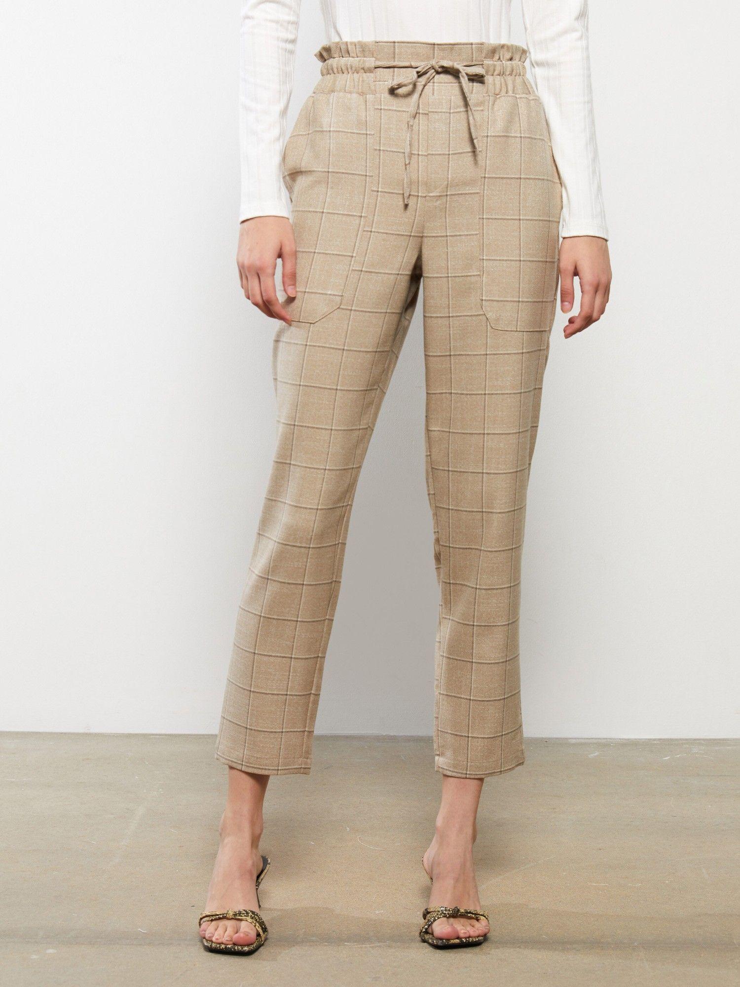 beige checkered elasticated trousers