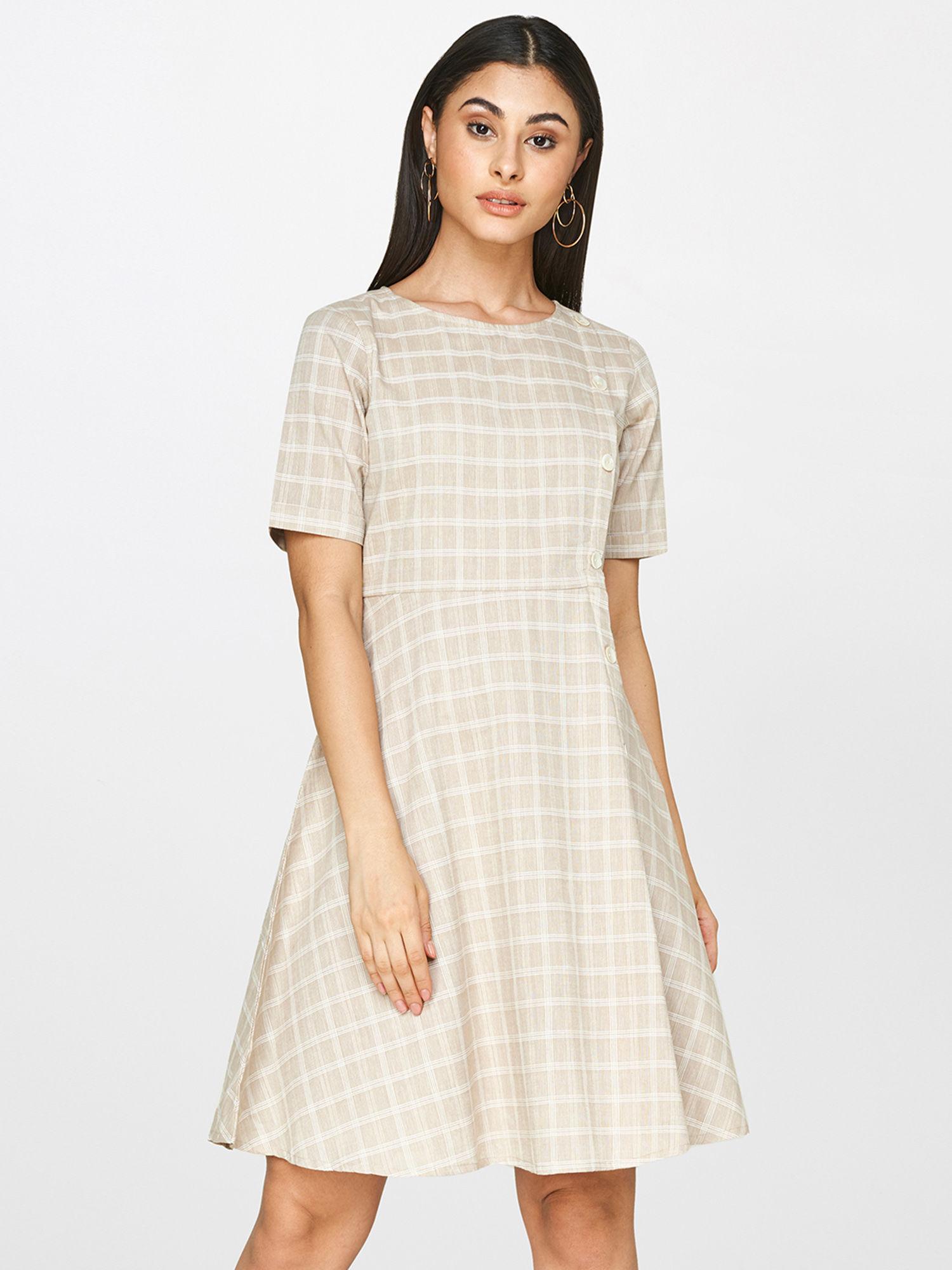 beige checks knee length dress