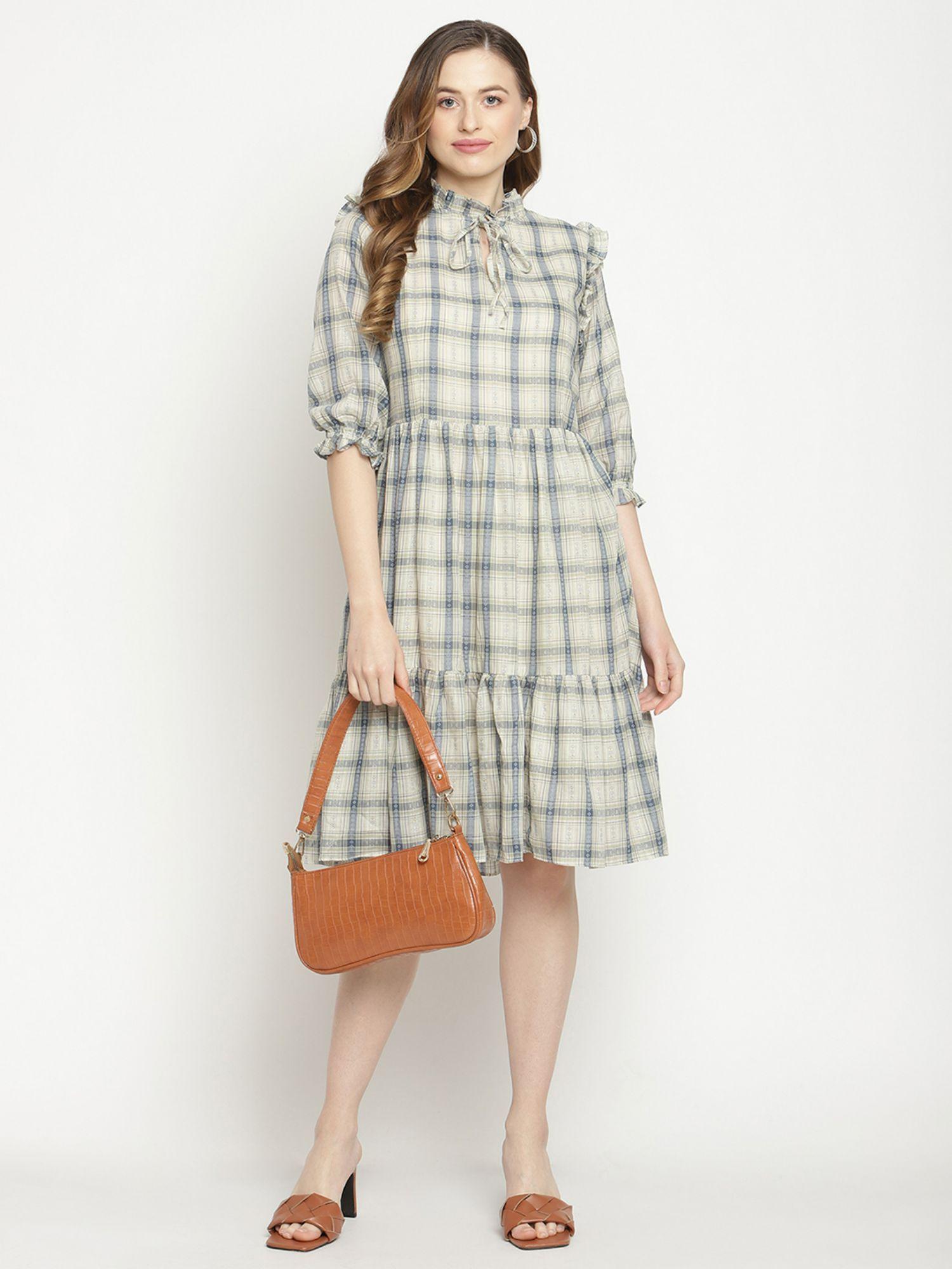 beige checks mandarin neck knee length dress beige