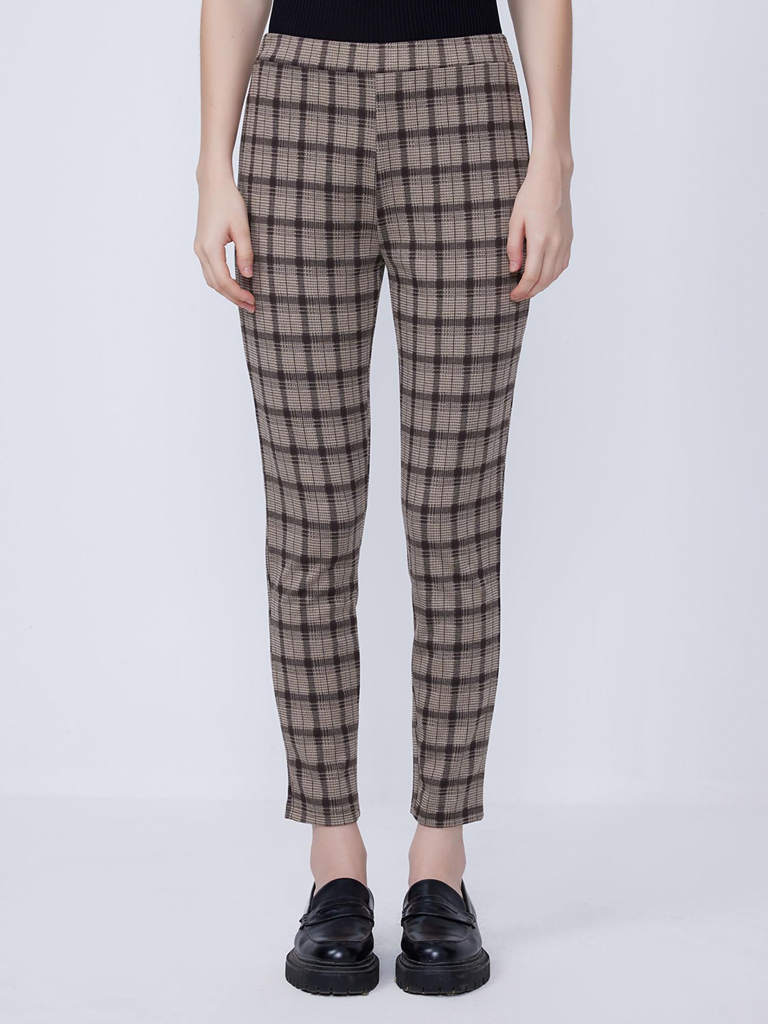 beige checks skinny trouser